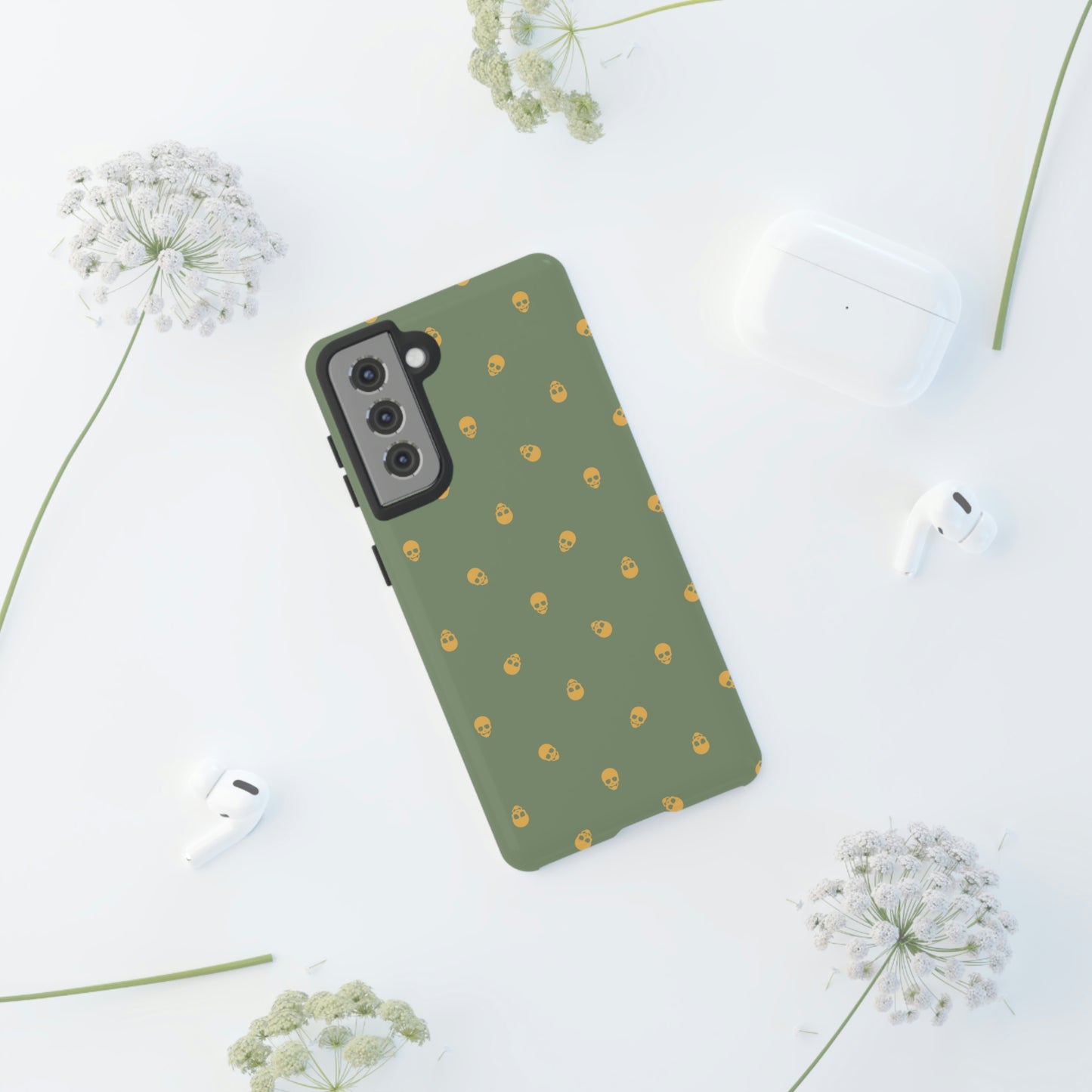 Tough Cases for Iphone, Samsung, Pixel - Sundial Skulls Pattern on Jade Green