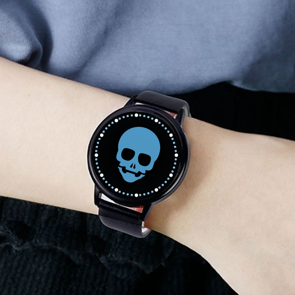 Blue Mystic Vision: Futuristic Black LED Watch with Tranquil Blue Skull Face