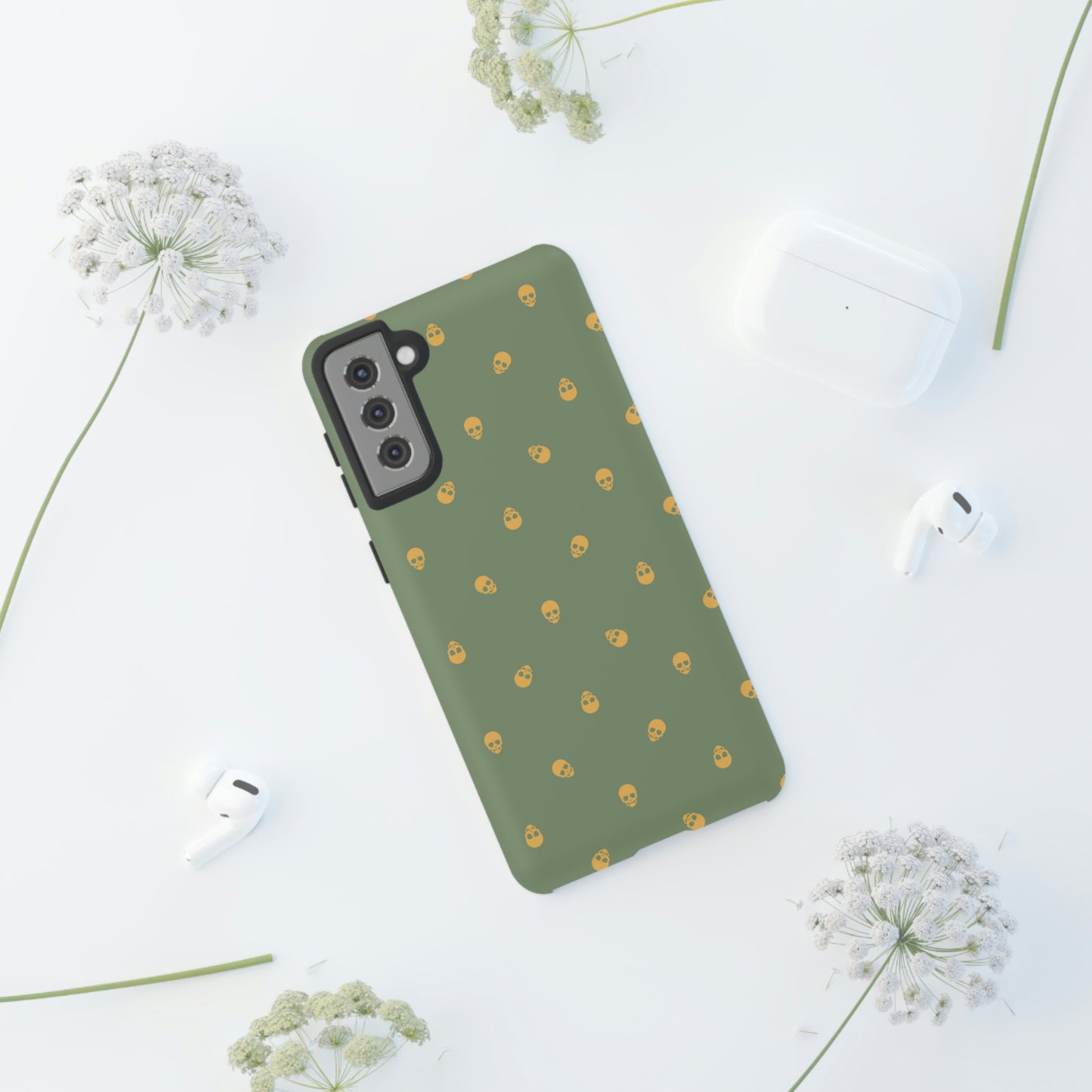 Tough Cases for Iphone, Samsung, Pixel - Sundial Skulls Pattern on Jade Green