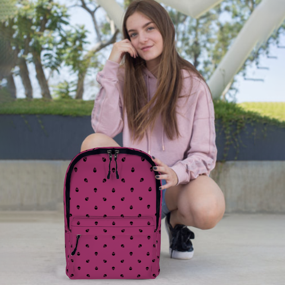 Backpack in Viva Magenta with Black Skull Pattern