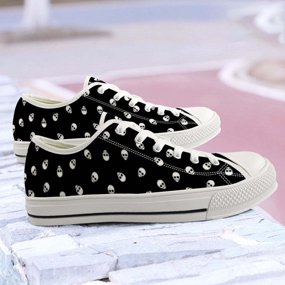 Low Top Canvas Skull Sneakers in Black and White