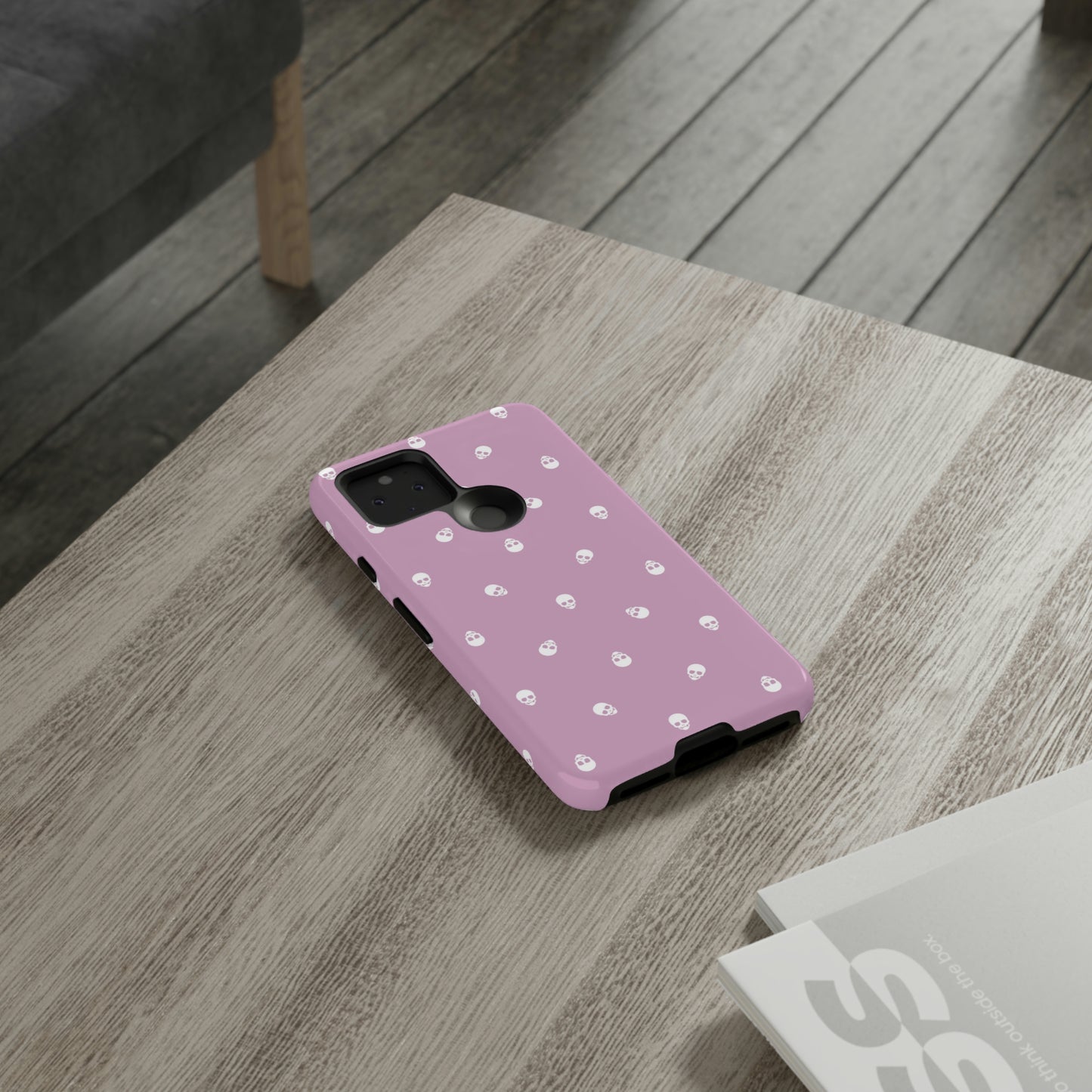 Tough Cases for Iphone, Samsung, Pixel - White Skulls Pattern on Fondant Pink