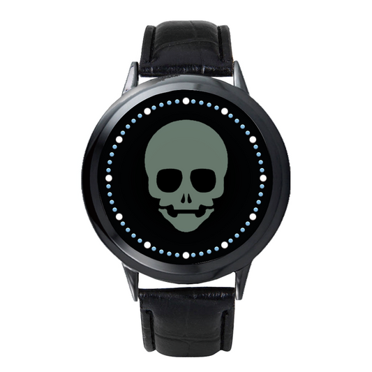 Chic black LED touch screen watch with a unique sage green skull face, blending contemporary technology with distinctive style.