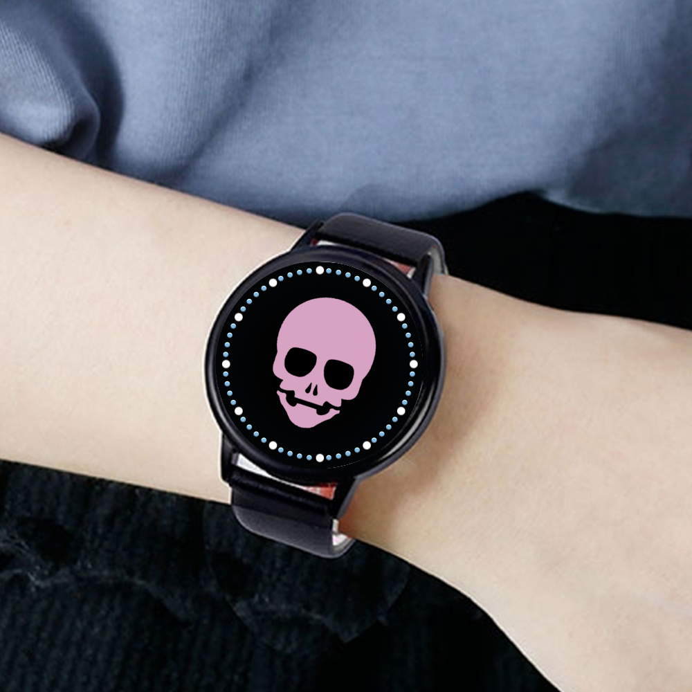 Digital Dare: Futuristic Black LED Watch with Fondant Pink Skull Face