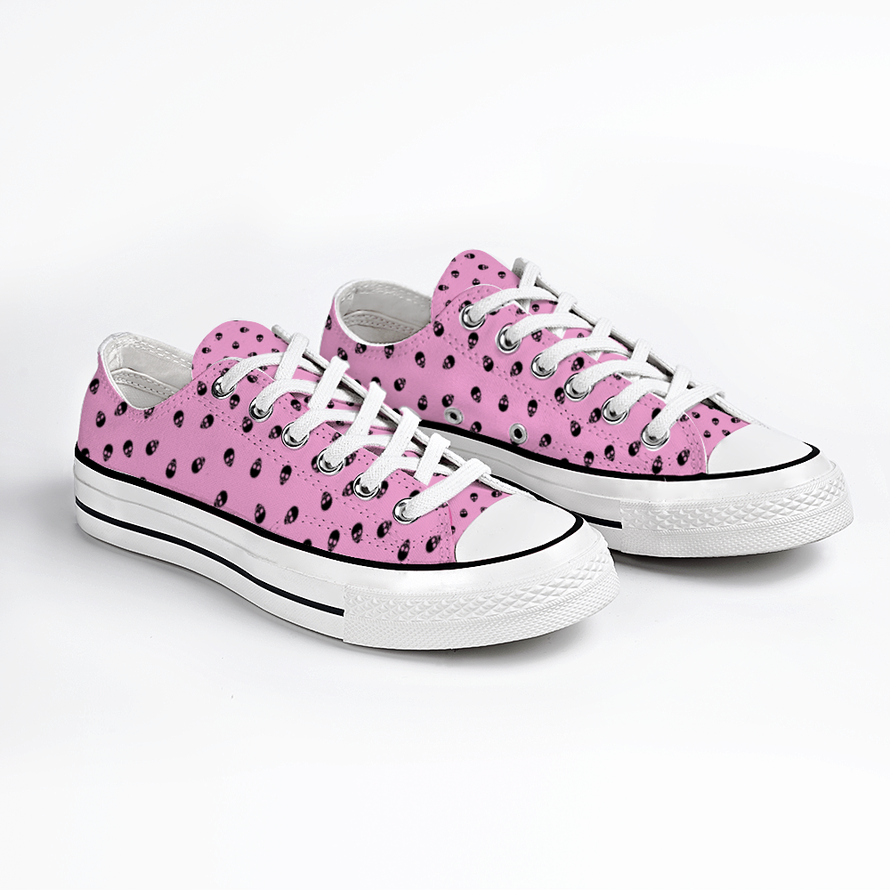 Low Top Canvas Skull Sneakers in Fondant Pink and Black