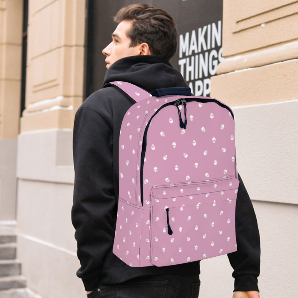 Backpack in Fondant Pink with White Skull Pattern