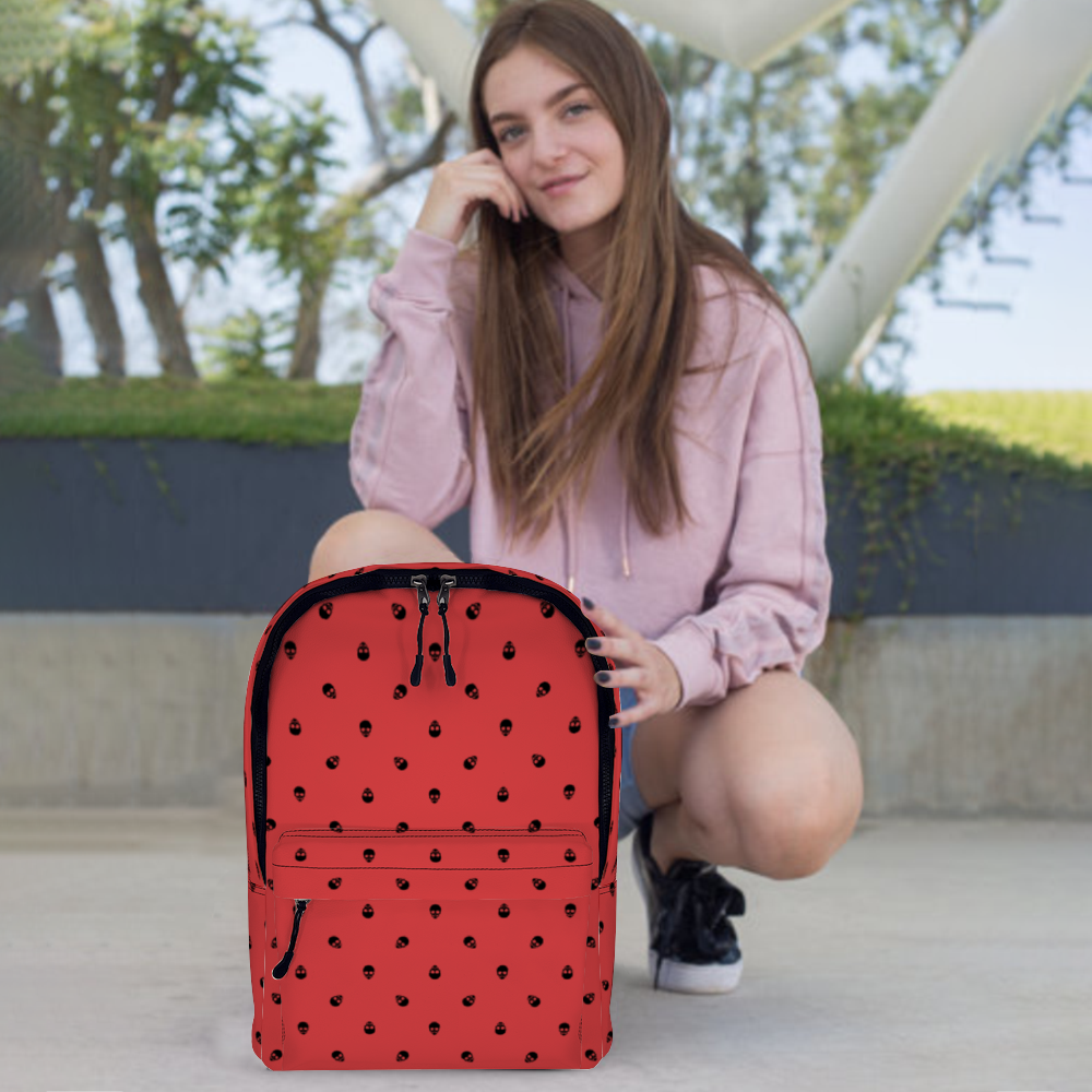 Backpack in Luscious Red with Black Skull Pattern